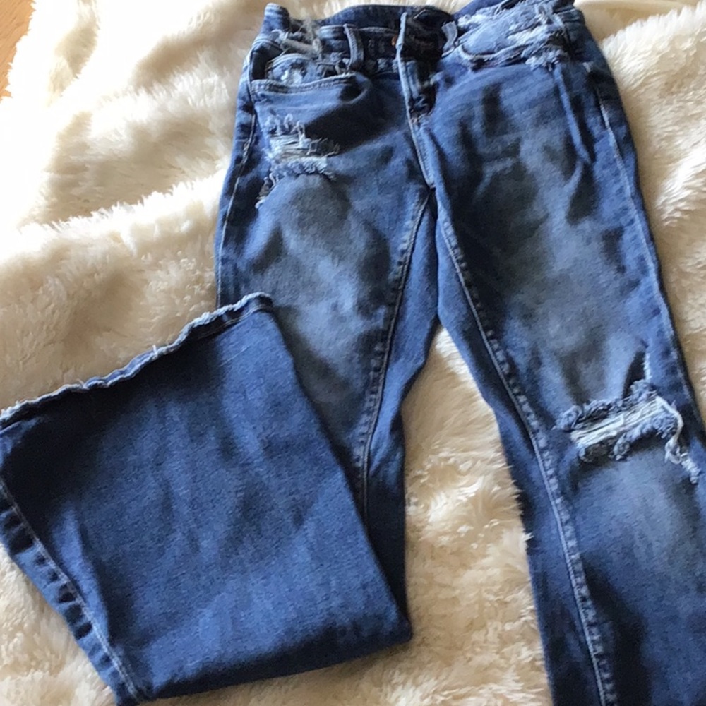 Distressed flare, flying monkey jeans